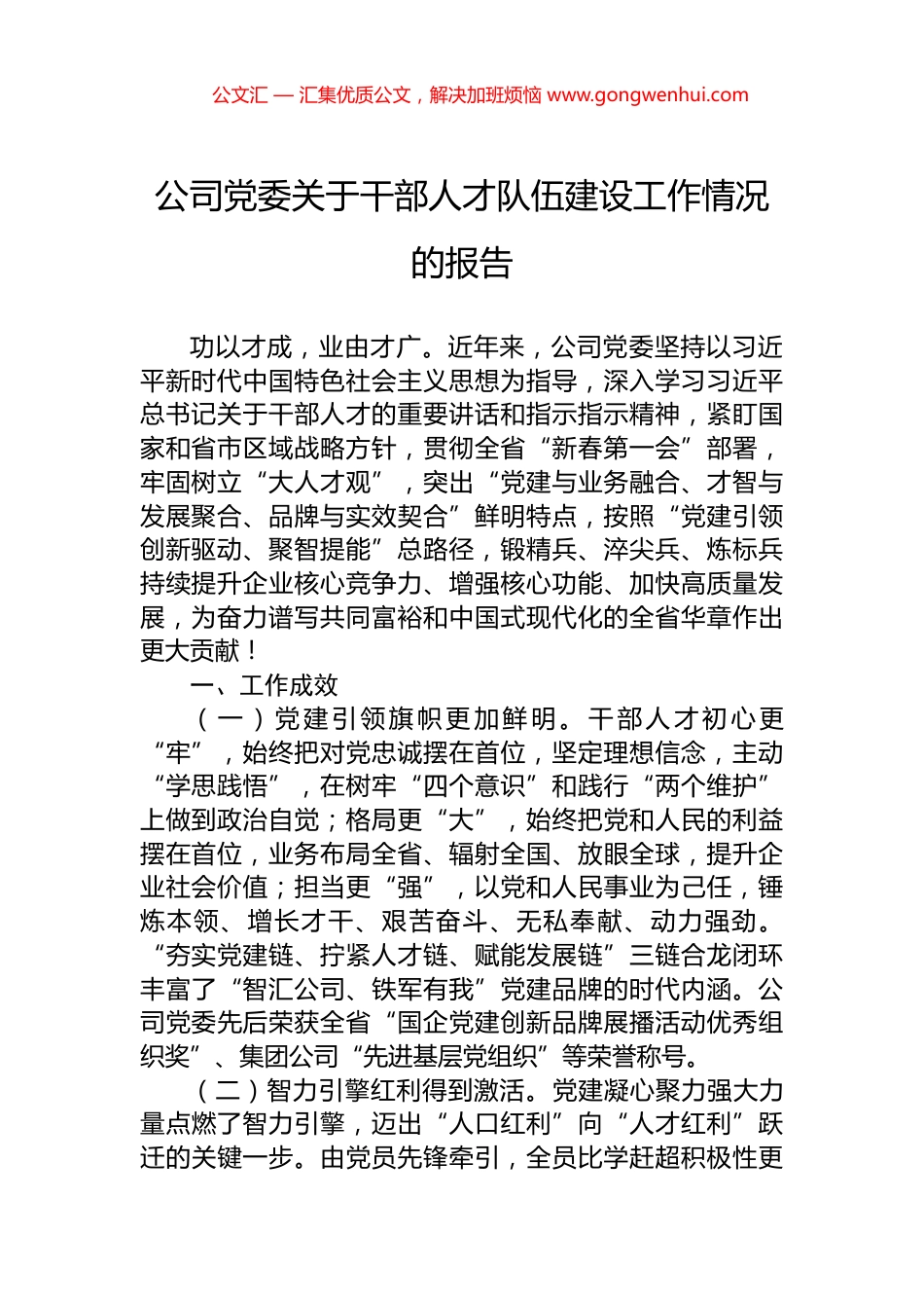 公司党委关于干部人才队伍建设工作情况的报告.docx_第1页