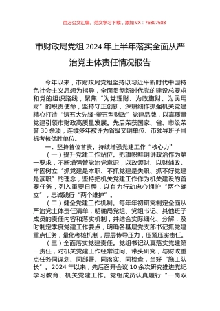 市财政局党组2024年上半年落实全面从严治党主体责任情况报告 (1).docx