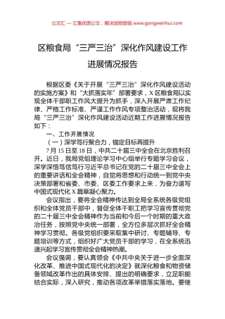 区粮食局“三严三治”深化作风建设工作进展情况报告.docx