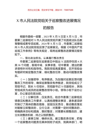 X市人民法院党组关于巡察整改进展情况的报告.docx