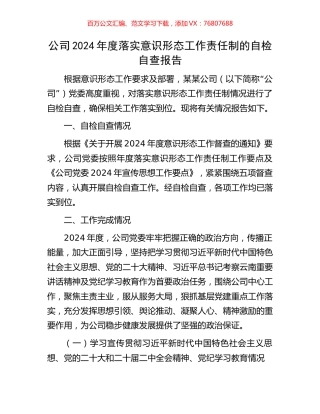 公司2024年度落实意识形态工作责任制的自检自查报告.docx