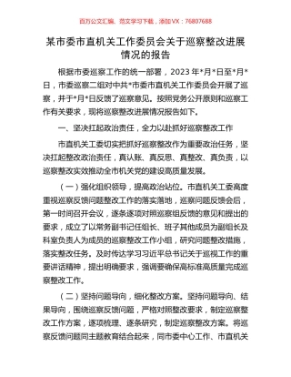 某市委市直机关工作委员会关于巡察整改进展情况的报告.docx