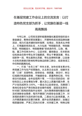 在基层党建工作会议上的交流发言：以打造特色党支部为抓手，让党旗在基层一线高高飘扬.docx