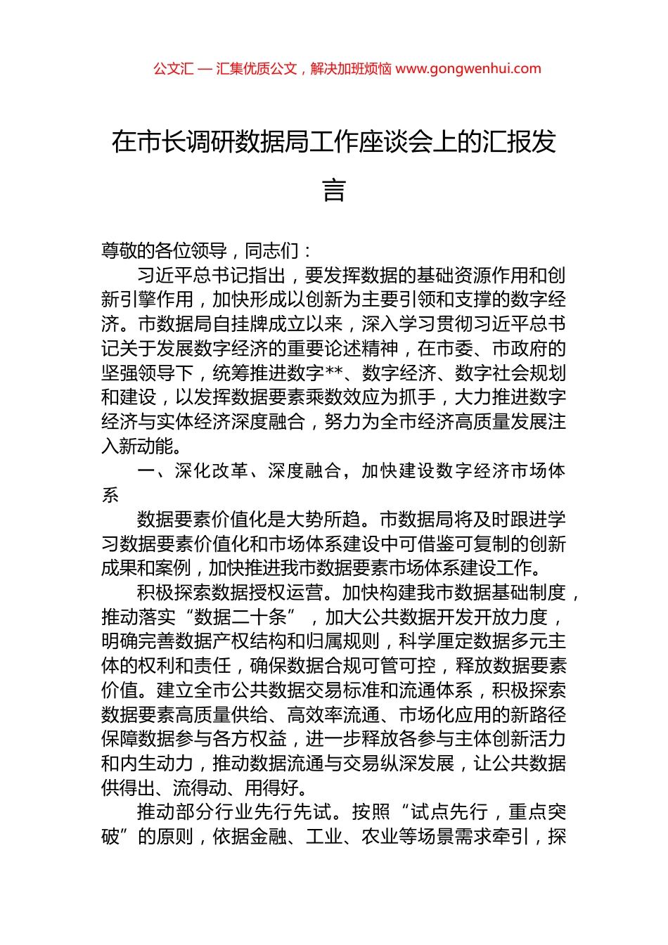 在市长调研数据局工作座谈会上的汇报发言.docx_第1页