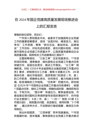 在2024年国企党建高质量发展现场推进会上的汇报发言.docx