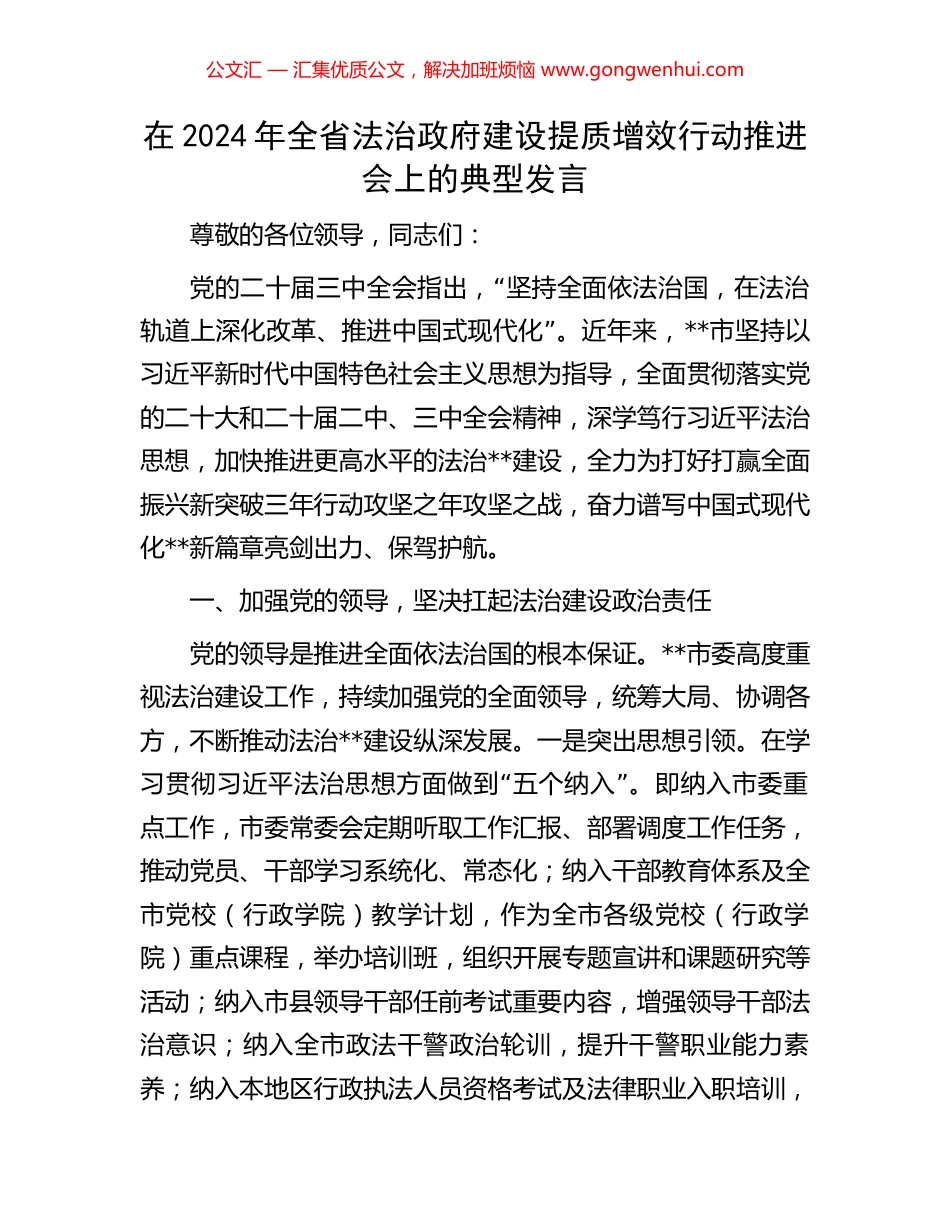 在2024年全省法治政府建设提质增效行动推进会上的典型发言.docx_第1页