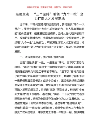 经验交流：“三个坚持”引领“九个一批”全力打造人才发展高地.docx