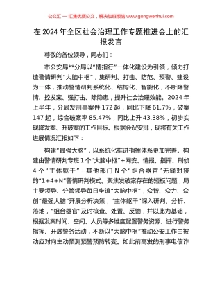 在2024年全区社会治理工作专题推进会上的汇报发言.docx