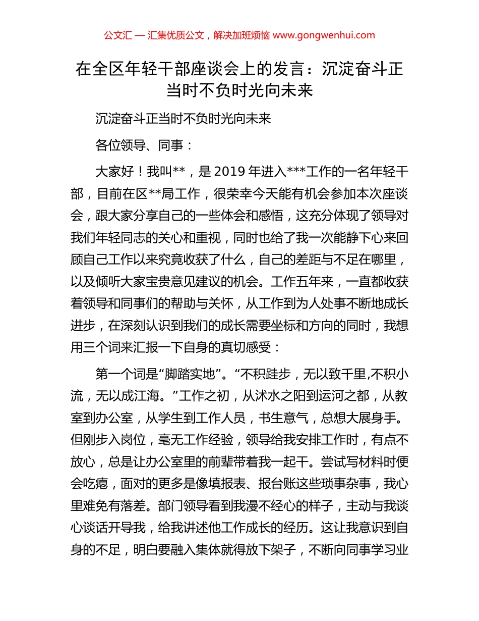 在全区年轻干部座谈会上的发言：沉淀奋斗正当时不负时光向未来.docx_第1页