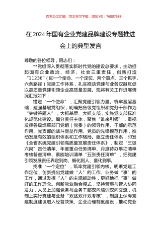 在2024年国有企业党建品牌建设专题推进会上的典型发言.docx