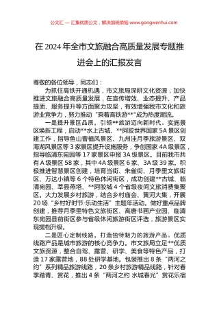 在2024年全市文旅融合高质量发展专题推进会上的汇报发言.docx