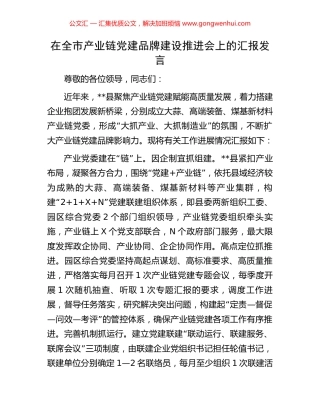 在全市产业链党建品牌建设推进会上的汇报发言.docx