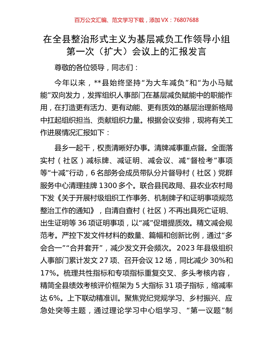 在全县整治形式主义为基层减负工作领导小组第一次（扩大）会议上的汇报发言.docx_第1页