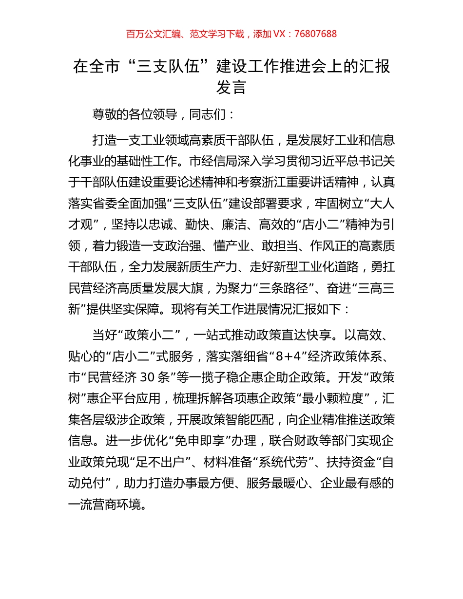 在全市“三支队伍”建设工作推进会上的汇报发言.docx_第1页