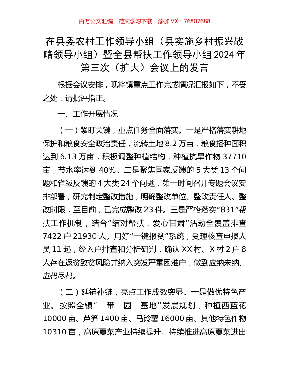 在县委农村工作领导小组（县实施乡村振兴战略领导小组）暨全县帮扶工作领导小组2024年第三次（扩大）会议上的发言.docx_第1页