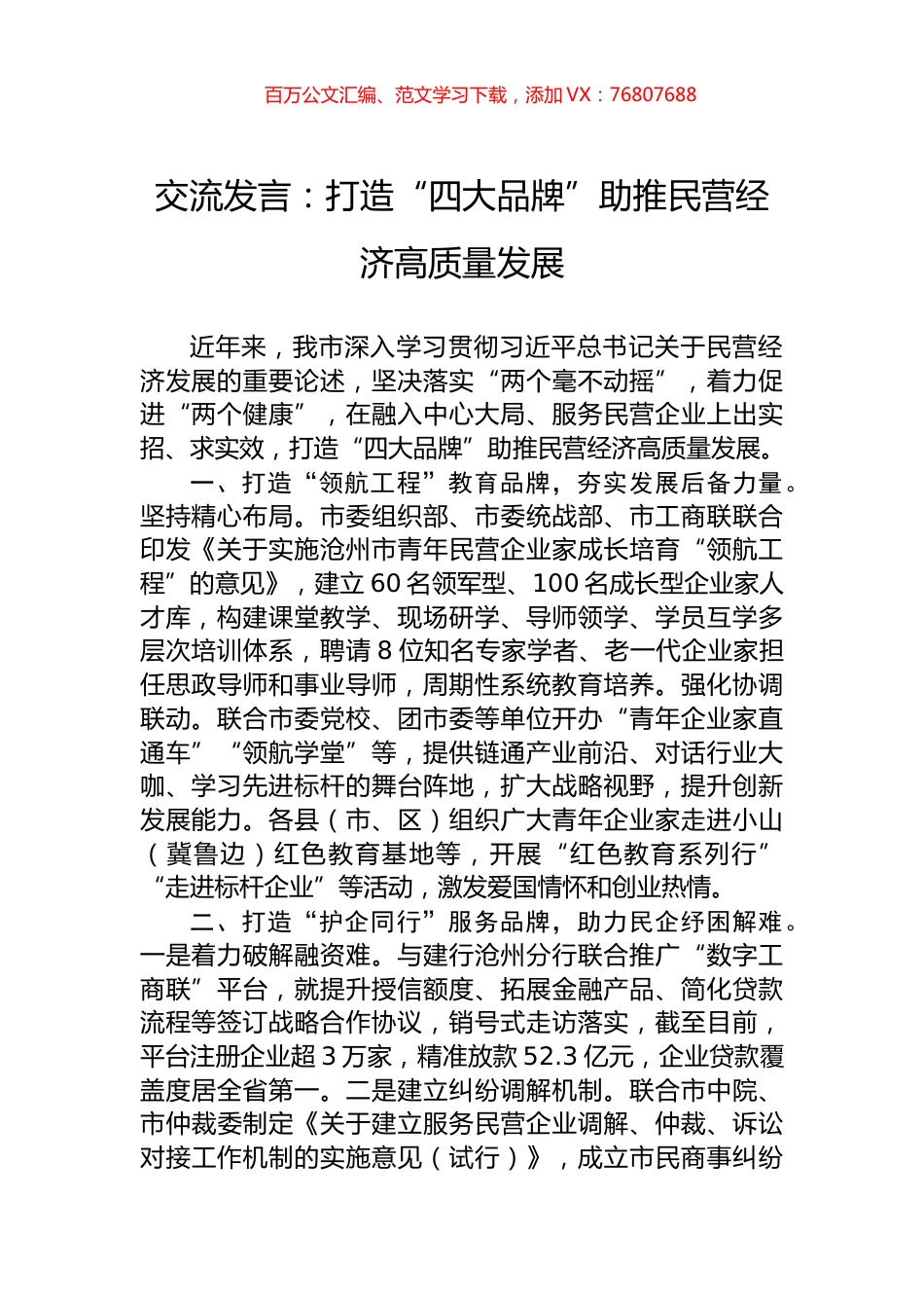 交流发言：打造“四大品牌”助推民营经济高质量发展.docx_第1页