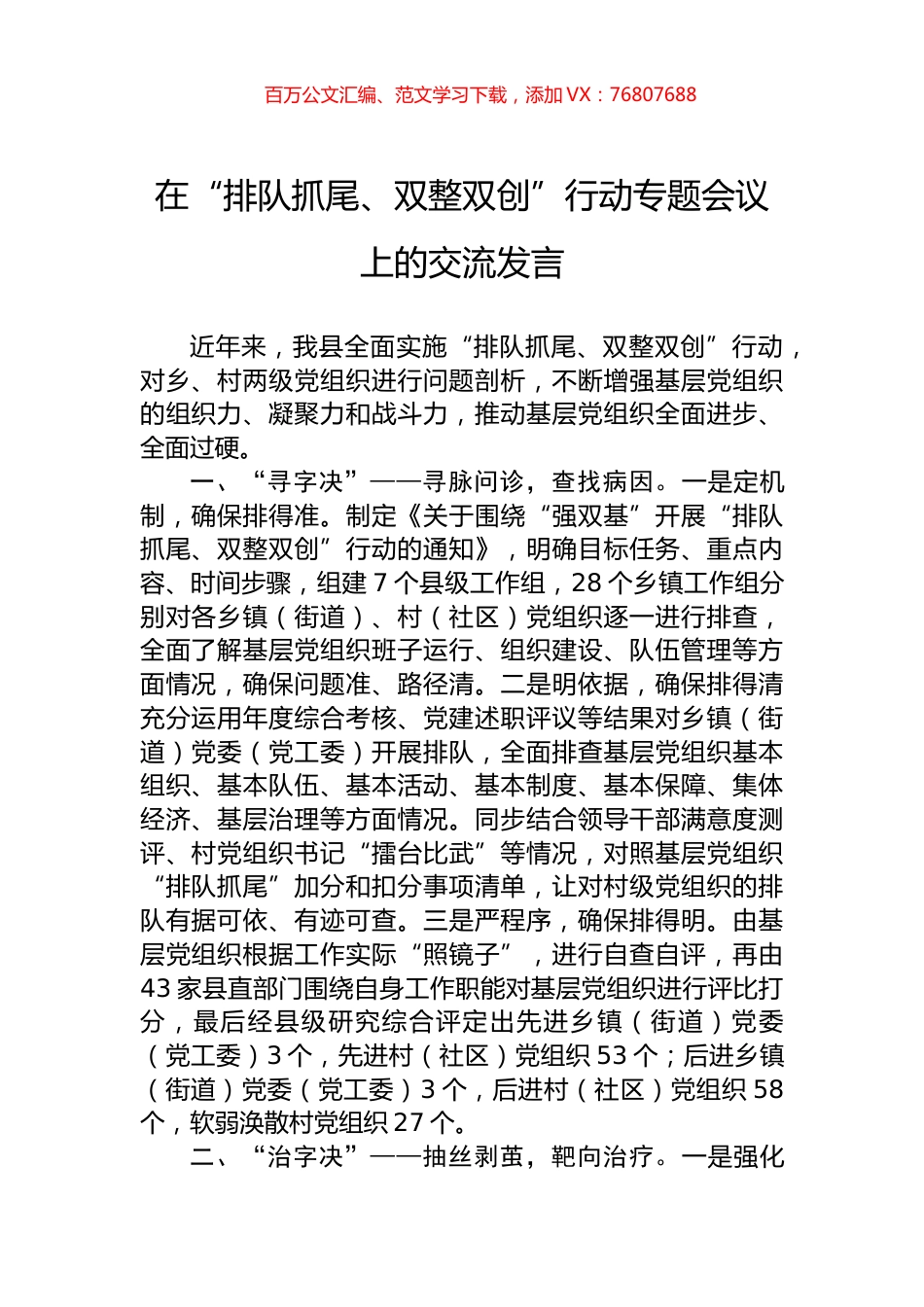 在“排队抓尾、双整双创”行动专题会议上的交流发言.docx_第1页