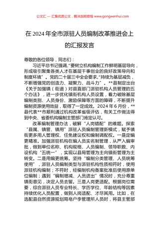 在2024年全市派驻人员编制改革推进会上的汇报发言.docx