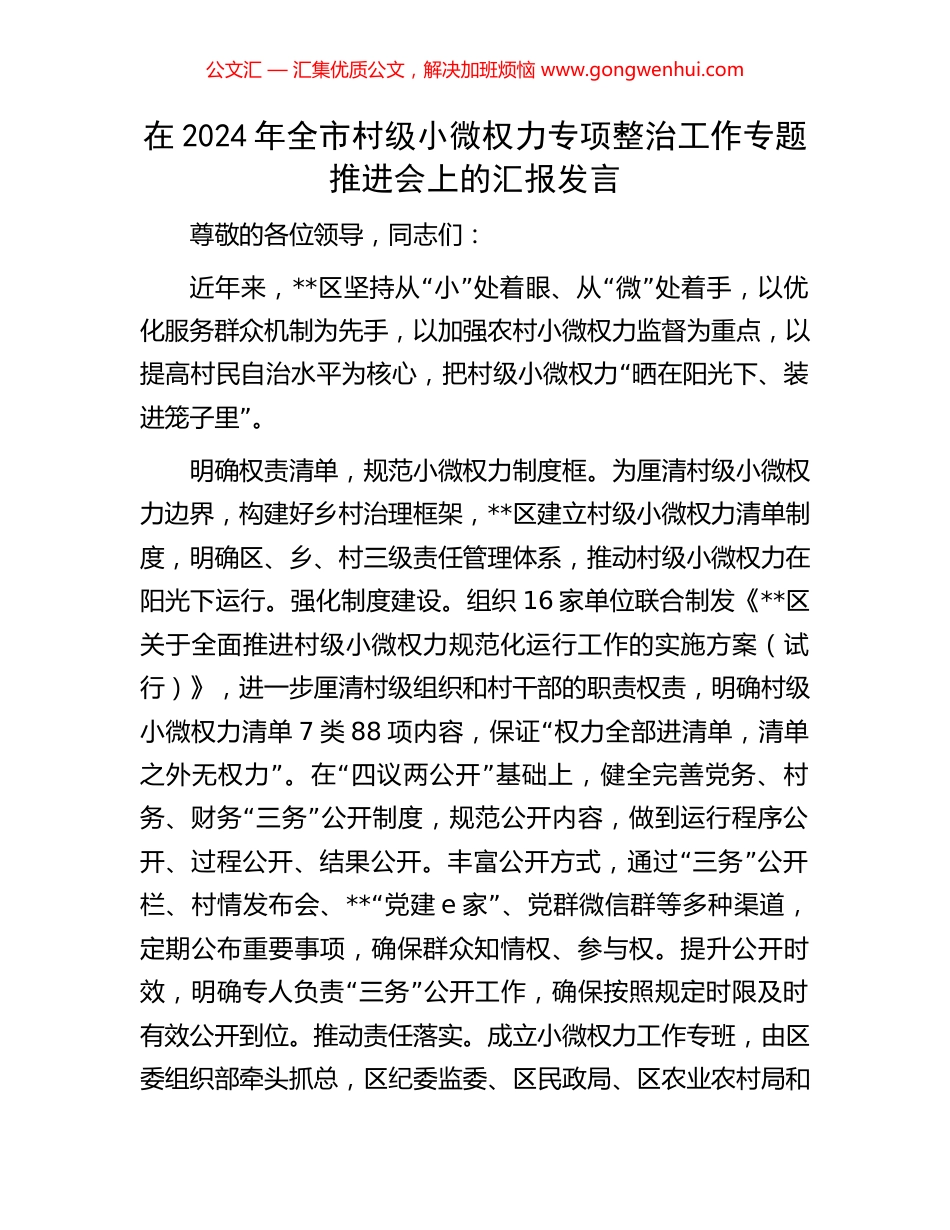在2024年全市村级小微权力专项整治工作专题推进会上的汇报发言 (2).docx_第1页