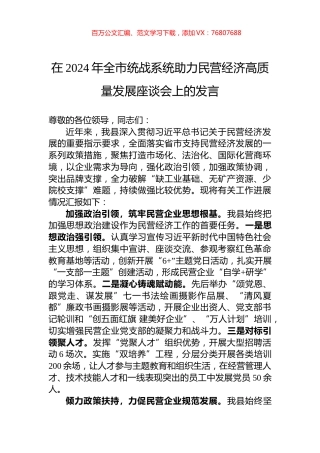 在2024年全市统战系统助力民营经济高质量发展座谈会上的发言.docx