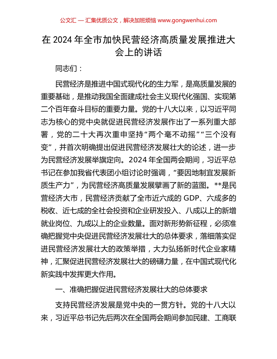 在2024年全市加快民营经济高质量发展推进大会上的讲话.docx_第1页