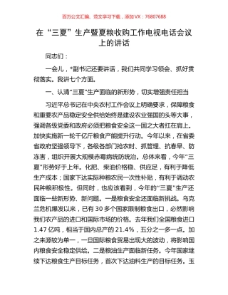 在“三夏”生产暨夏粮收购工作电视电话会议上的讲话.docx