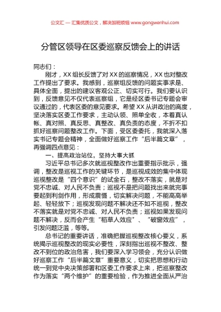 分管区领导在区委巡察反馈会上的讲话.docx