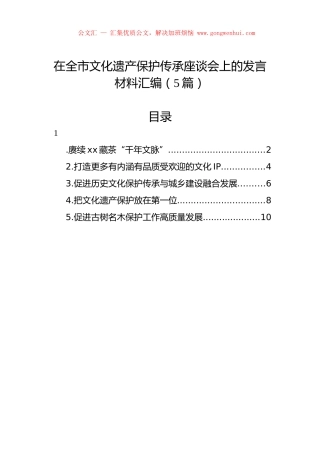 在全市文化遗产保护传承座谈会上的发言材料汇编（5篇）.docx