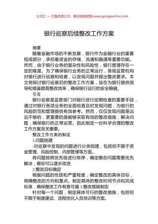 银行巡察后续整改工作方案