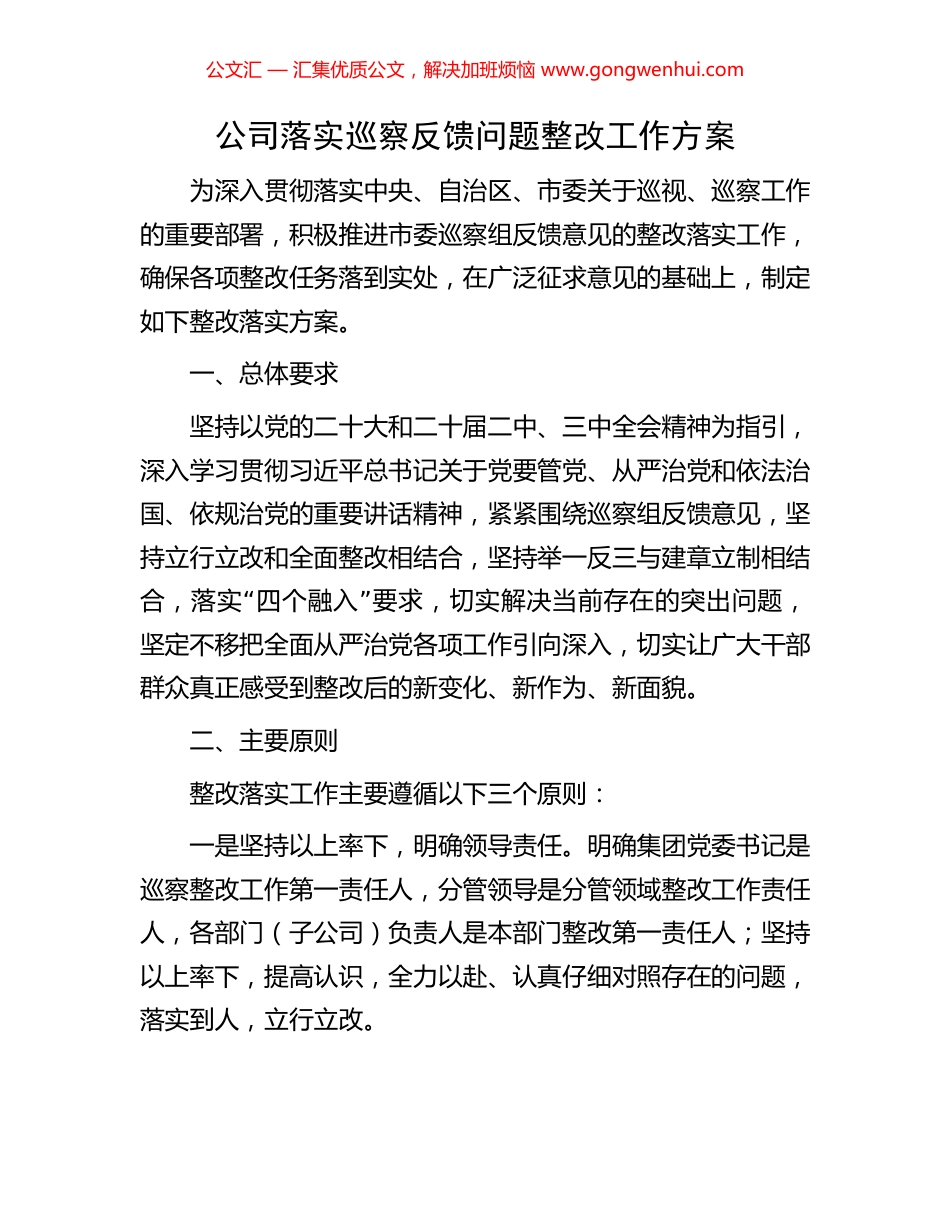 公司落实巡察反馈问题整改工作方案_第1页