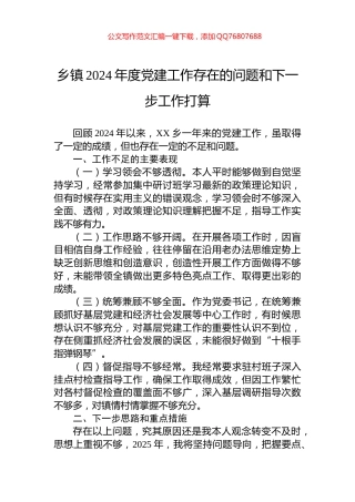 乡镇2024年度党建工作存在的问题和下一步工作打算