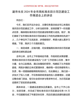副市长在2024年全市高标准农田示范区建设工作推进会上的讲话