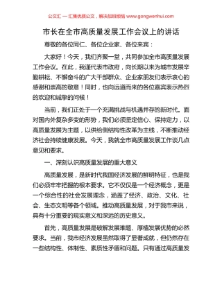 市长在全市高质量发展工作会议上的讲话