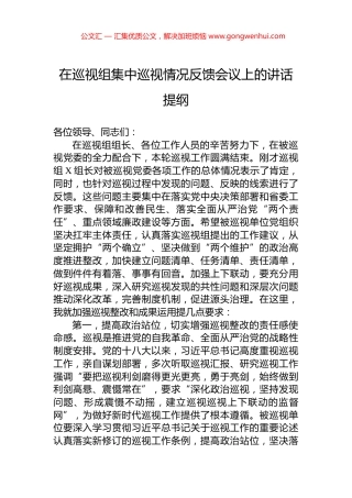 在巡视组集中巡视情况反馈会议上的讲话提纲