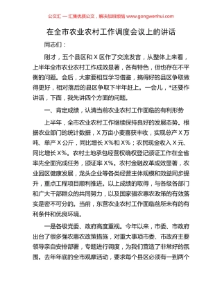 在全市农业农村工作调度会议上的讲话
