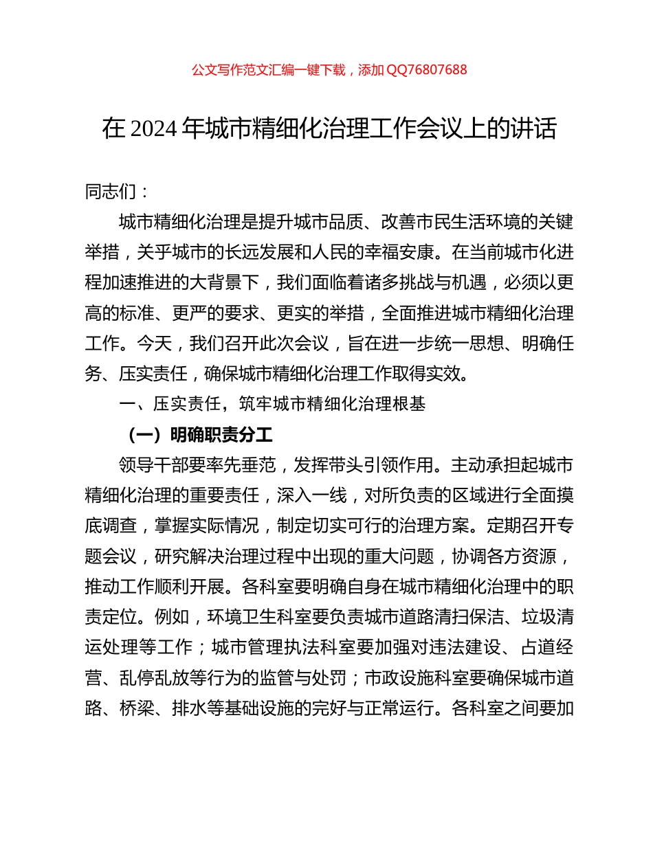 在2024年城市精细化治理工作会议上的讲话_第1页