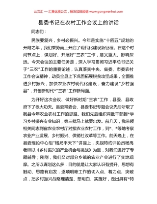 县委书记在农村工作会议上的讲话