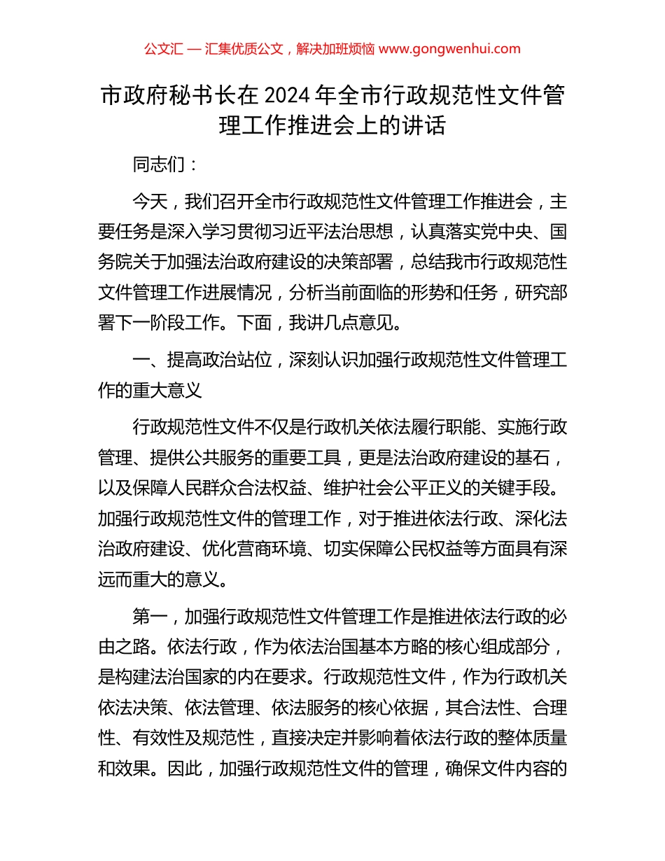 市政府秘书长在2024年全市行政规范性文件管理工作推进会上的讲话_第1页