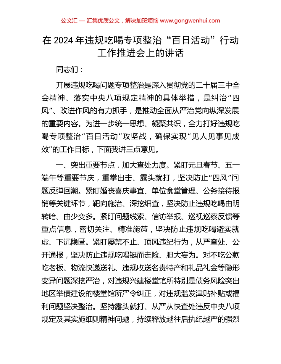 在2024年违规吃喝专项整治“百日活动”行动工作推进会上的讲话_第1页