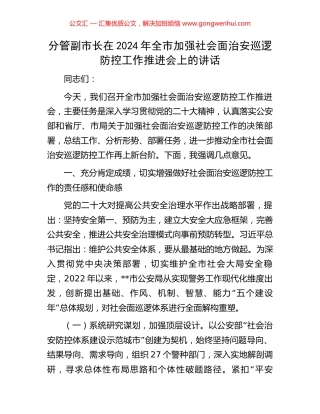 分管副市长在2024年全市加强社会面治安巡逻防控工作推进会上的讲话