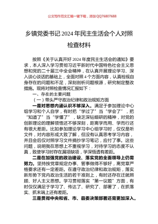 乡镇党委书记2024年民主生活会个人对照检查材料