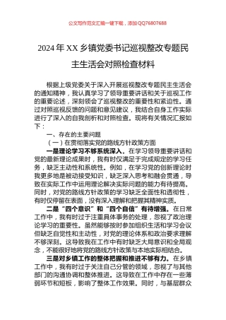 2024年XX乡镇党委书记巡视整改专题民主生活会对照检查材料
