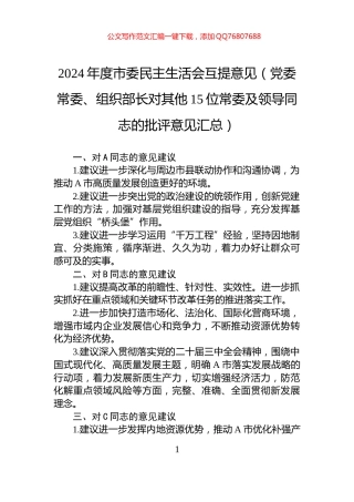 2024年度市委民主生活会互提意见（党委常委、组织部长对其他15位常委及领导同志的批评意见汇总）