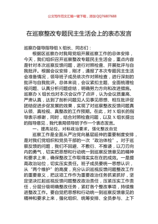 在巡察整改专题民主生活会上的表态发言