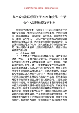 某市政协副职领导关于2024年度民主生活会个人对照检视发言材料