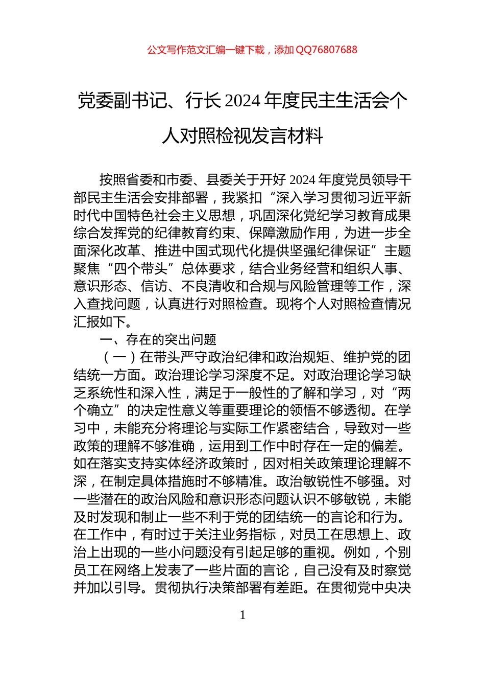 党委副书记、行长2024年度民主生活会个人对照检视发言材料_第1页