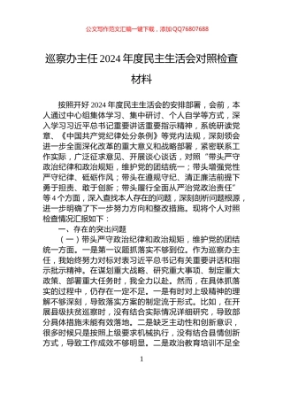 巡察办主任2024年度民主生活会对照检查材料