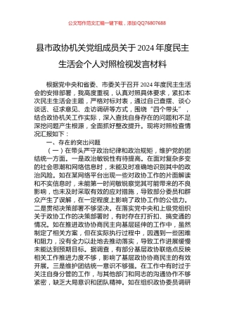 县市政协机关党组成员关于2024年度民主生活会个人对照检视发言材料