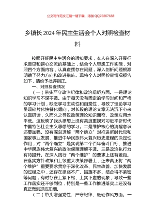 乡镇长2024年民主生活会个人对照检查材料