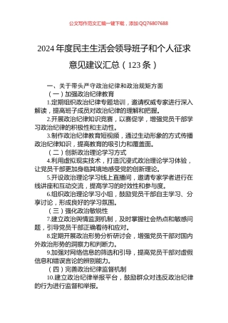 2024年度民主生活会领导班子和个人征求意见建议汇总（123条）